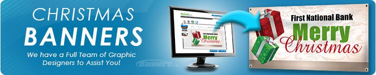 Header image in blue with white text on the left-hand side reading in large font and all caps "Christmas Banners" . Bellow that there is smaller white text in title case reading "We have a full team of graphic designers to assist you." Centered in the header is a graphic of a computer monitor displaying our online design tool. Protruding from the graphic is a cartoonish blue arrow bending and pointing down and to the right at an image of a banner. It is a tan banner with a darker tan stripe across the bottom. On the left there are two wrapped gifts. The one on top is red with sliver ribbon and bow, the bellow is green with a silver ribbon and bow. To the right the top line of text is in title case in black and reads "first national bank". Beneath that the next line is in bold green large font and says "Merry". The third line below that in crimson Cursive lettering in slightly smaller font reads, "Christmas".